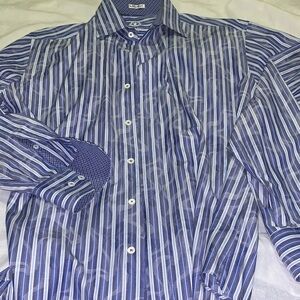 Bugatchi Navy and White Striped Men's Button-Down Shirt
